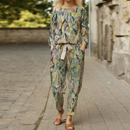 Casual Floral Round Neck Long-sleeve Suit