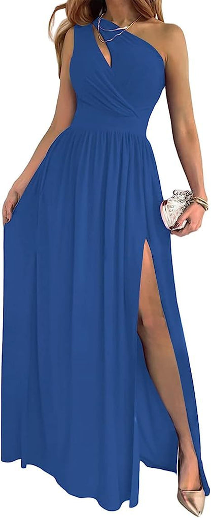 One Shoulder High Split Cutout Sleeveless Elegant Cocktail Maxi Dress