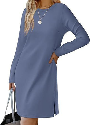 Round Neck Slit Hemline Sweater Long Sleeve Dress