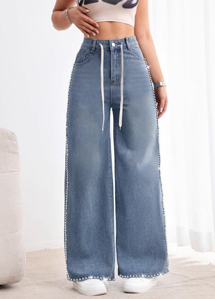 Retro Wide Leg Washed Beaded Drawstring High Waist Jeans