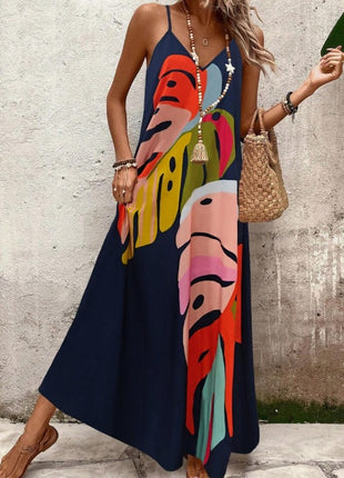 Colorful Leaf Printed Strappy Maxi Dress
