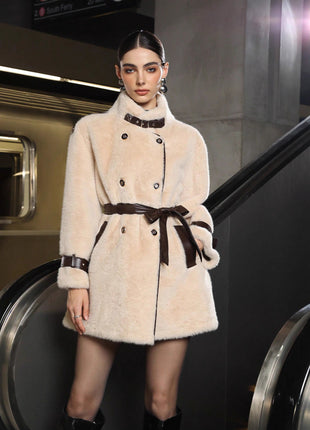 Winter Thick Fur Coat with Leather Design