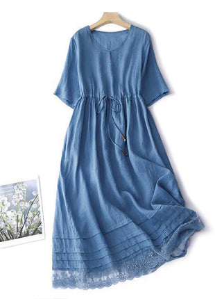 Ramie Mori Style Retro Crew Neck Dress