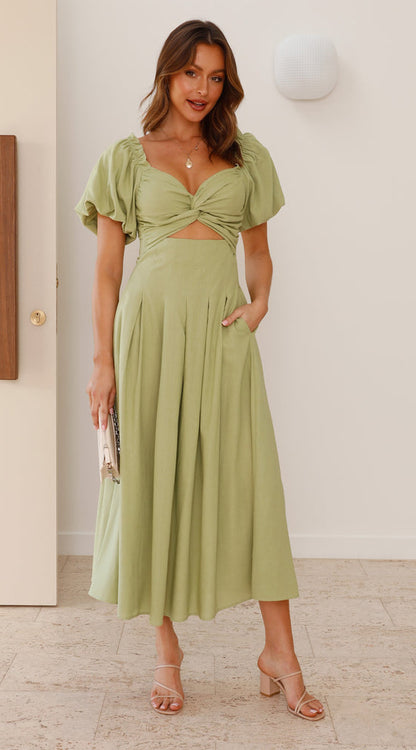 V-neck Long Puff Sleeve Long Slimming Dress