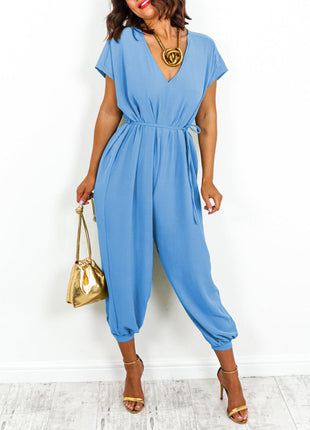 V-neck Lace-up Waist Wide Leg Jumpsuit