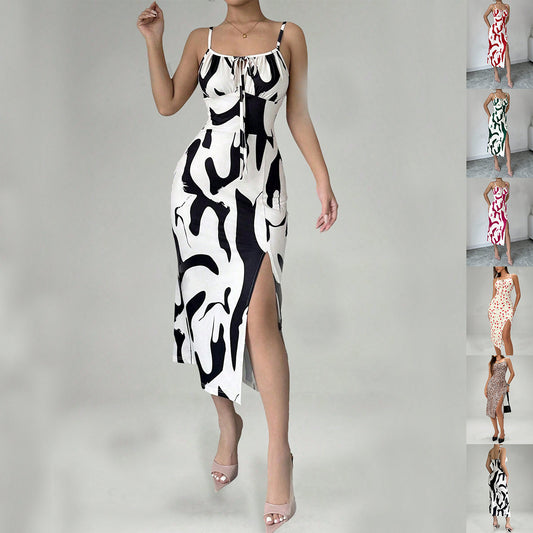 Summer Suspender Split Dress Slim Lace-up Dress