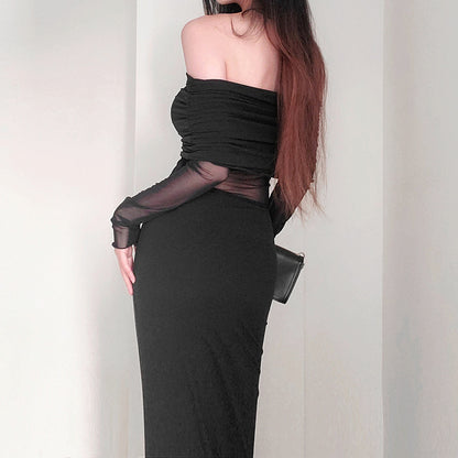 Winter Off-the-shoulder Pleated Long Sleeve Polyester Dress