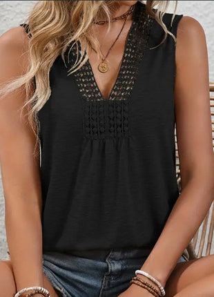 Lace V Neck Sleeveless Flowy Silhouette Breathable Fabric Tank Top