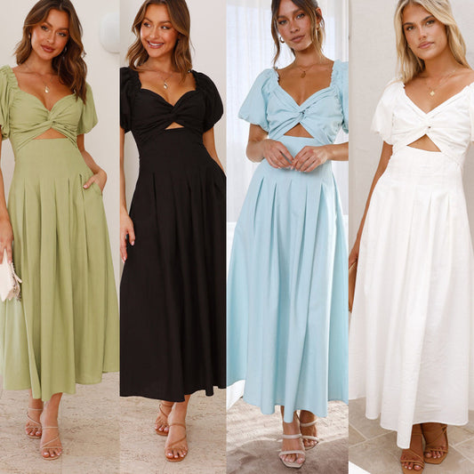 V-neck Long Puff Sleeve Long Slimming Dress