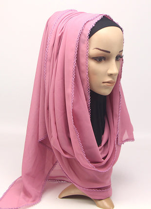 Elegant Women's Monochrome Lace Panel Pearl Chiffon Scarf