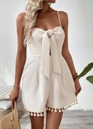 Fringe Knotted Texture Waffle Suspender Jumpsuit