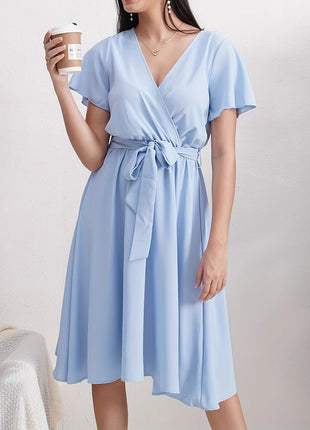 Short Sleeve Cross Collar Belt Dress