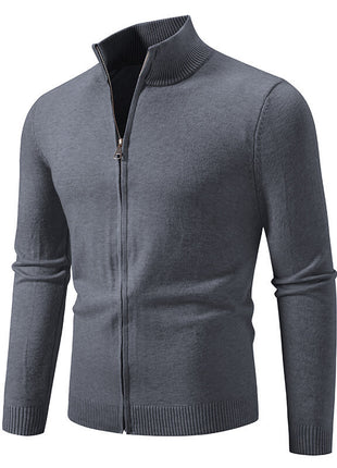 Stand Collar Simple Zipper Solid Color Cardigan Sweater