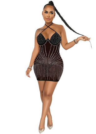 Sling Wrapped Chest Rhinestone Mesh Perspective Dress