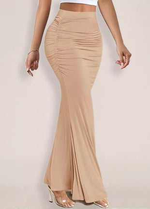 Stretch Silk Slim Hip Pleated Wide Hem Long Skirt