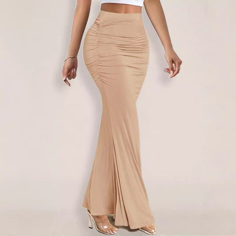 Stretch Silk Slim Hip Pleated Wide Hem Long Skirt