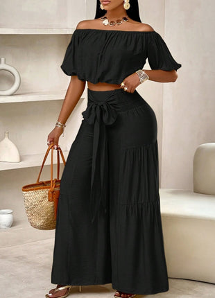 Short Sleeve Summer Pleats and Pants Suit Set