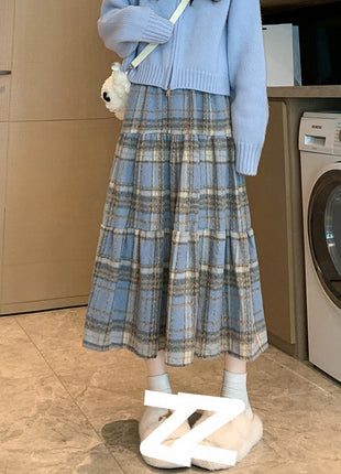 Winter Thickened Plaid Woolen High Waist Skirt