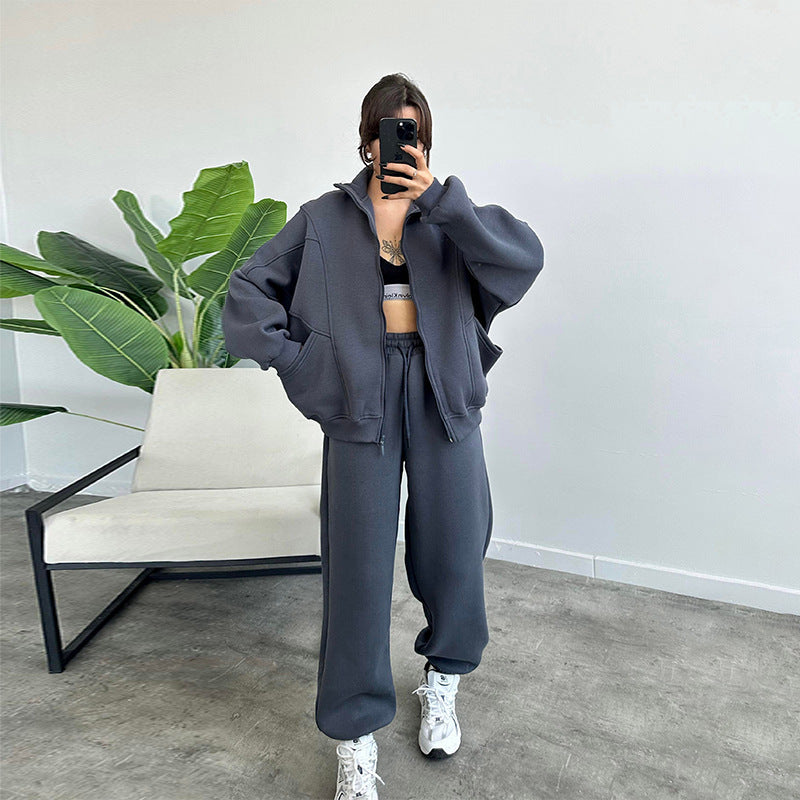 Stand-up Collar Zipper and Drawstring Trousers Set with Pockets