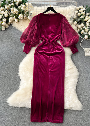 Vintage Velvet Luxury Lantern Sleeve Split Knee-length Dress