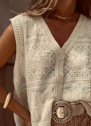 Cotton V-neck Lace Embroidered Buckle Cardigan