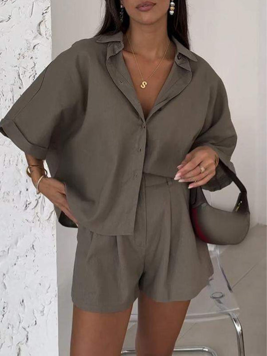Polo Collar Half Sleeve Top and Shorts Two-piece Set