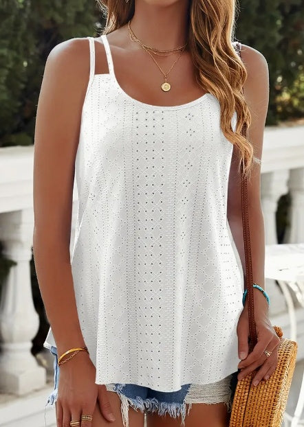 Eyelet Lettuce Trim Cami Casual Sleeveless Scoop Neck Versatile Top