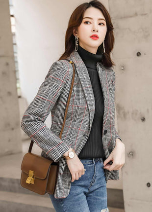 Plaid Suit Waist Slim Fit Trimming Casual Coat