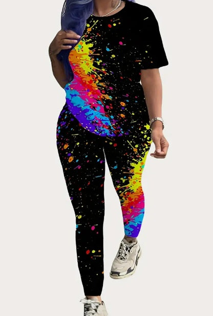Splash Round Neck T-Shirt And Leggings Set