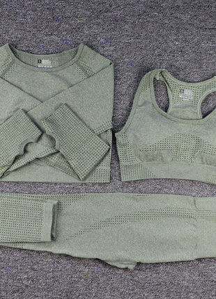 Three-piece Bra, Long Sleeve Top and Trousers Yoga Suit