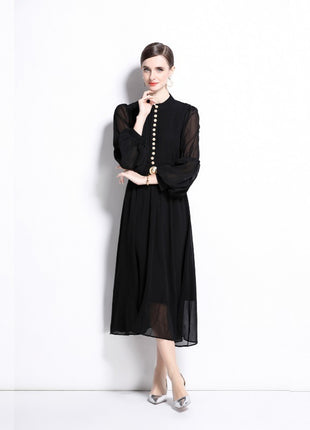 Buckle Pleated Stitching Puff Sleeve Waist-controlled Large Hem Temperament Dress