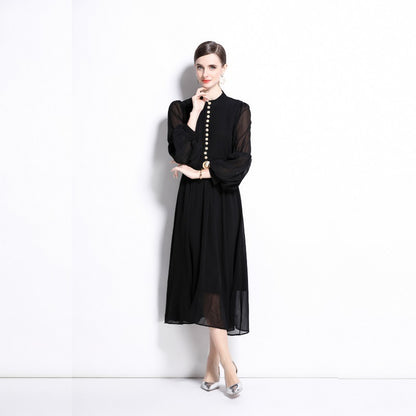 Buckle Pleated Stitching Puff Sleeve Waist-controlled Large Hem Temperament Dress