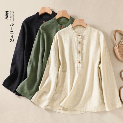 Japanese Autumn Artistic Stand-up Collar Buckle Pullover Cotton And Linen Shirt