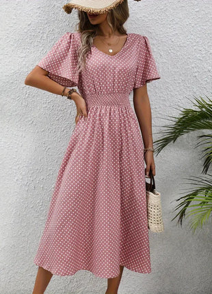 Polka Dot Short Sleeve Long Dress