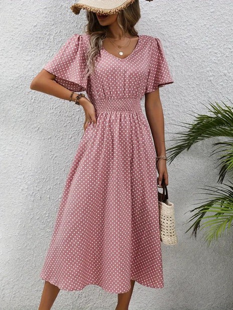 Polka Dot Short Sleeve Long Dress