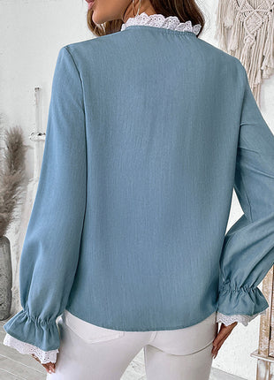 Single-breasted Lace Collar Blue Top
