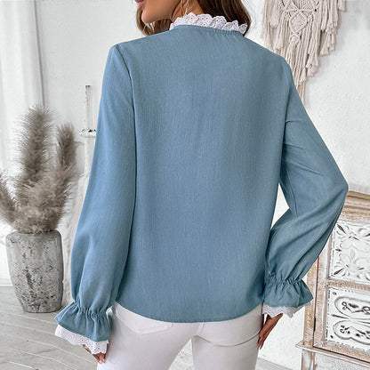 Single-breasted Lace Collar Blue Cardigan