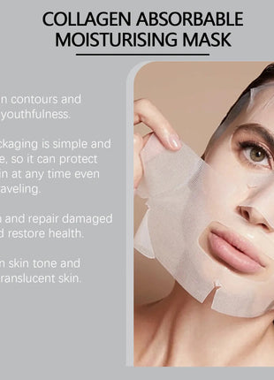 Collagen absorbable moisturizing mask with a woman applying it, text highlighting benefits.