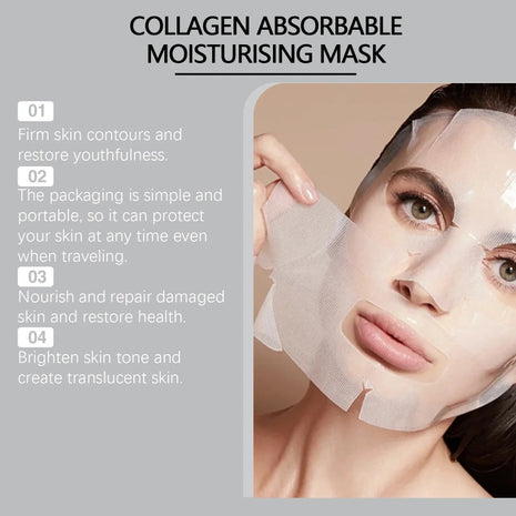 Collagen absorbable moisturizing mask with a woman applying it, text highlighting benefits.