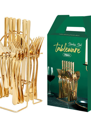 24 PC Dinnerware Set Stainless Steel Tableware Set Knife Fork Spoon Luxury Cutlery Set With Storage Rack