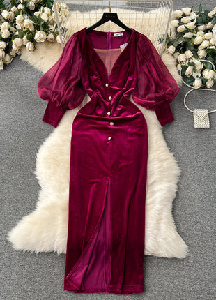 Vintage Velvet Luxury Lantern Sleeve Split Knee-length Dress