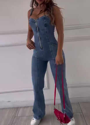 Sleeveless Paneled Zipper Denim Jumpsuit