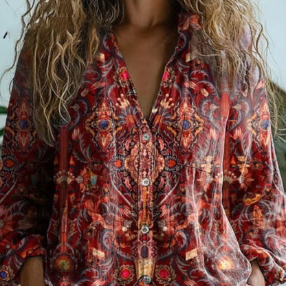 V-neck Printed Exquisite Linen Top