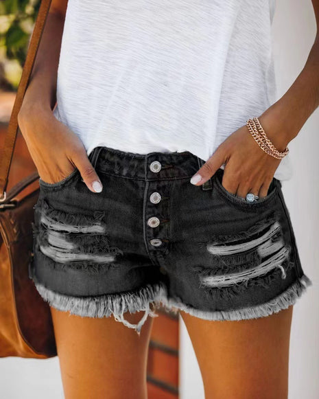 Fringed Denim Shorts Straight Breasted Hot Shorts