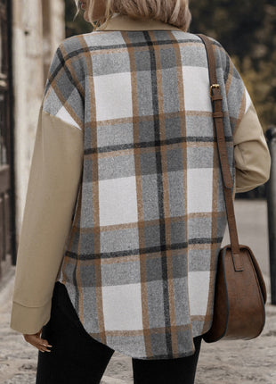 Lapel Pocket Plaid Colorblock Coat