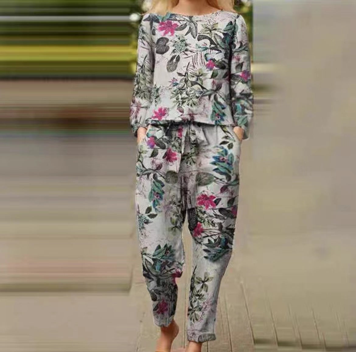 Casual Floral Round Neck Long-sleeve Suit