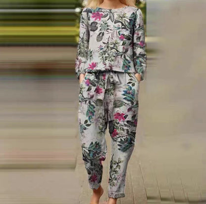 Casual Floral Round Neck Long-sleeve Suit