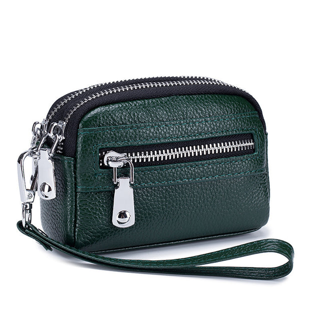 First Layer Cowhide Double Zipper Coin Clutch
