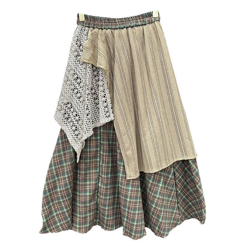 Irregular Stitching Color-contrast Check Skirt