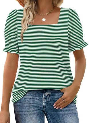 U-neck Petal Sleeve Loose Stripes T-shirt